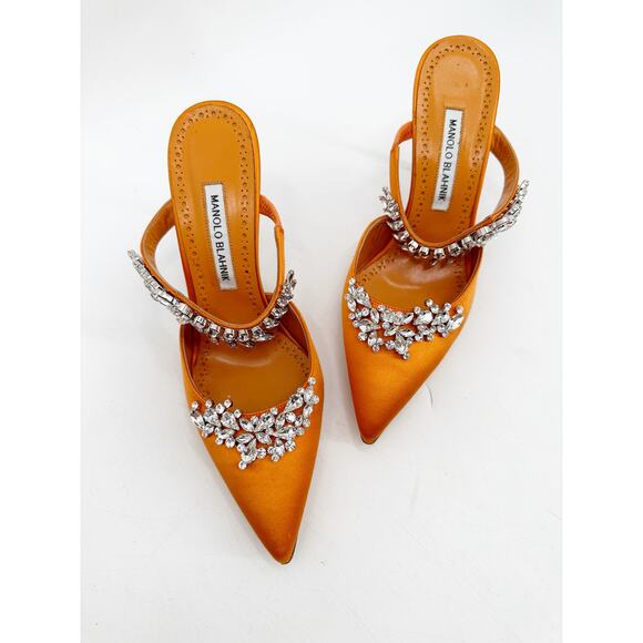 Manolo Blahnik Orange Satin Crystal Embellished 90 Mules 39.5 - Picture 2 of 10